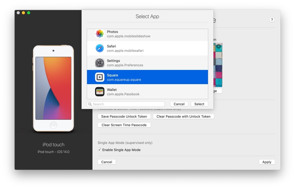iMazing Supervised Settings Screen, Choosing Square as Single App