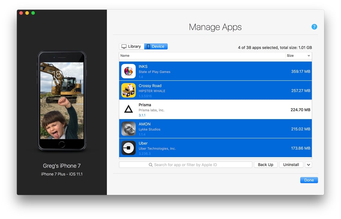 iMazing 2.5 Manage Apps View, Device