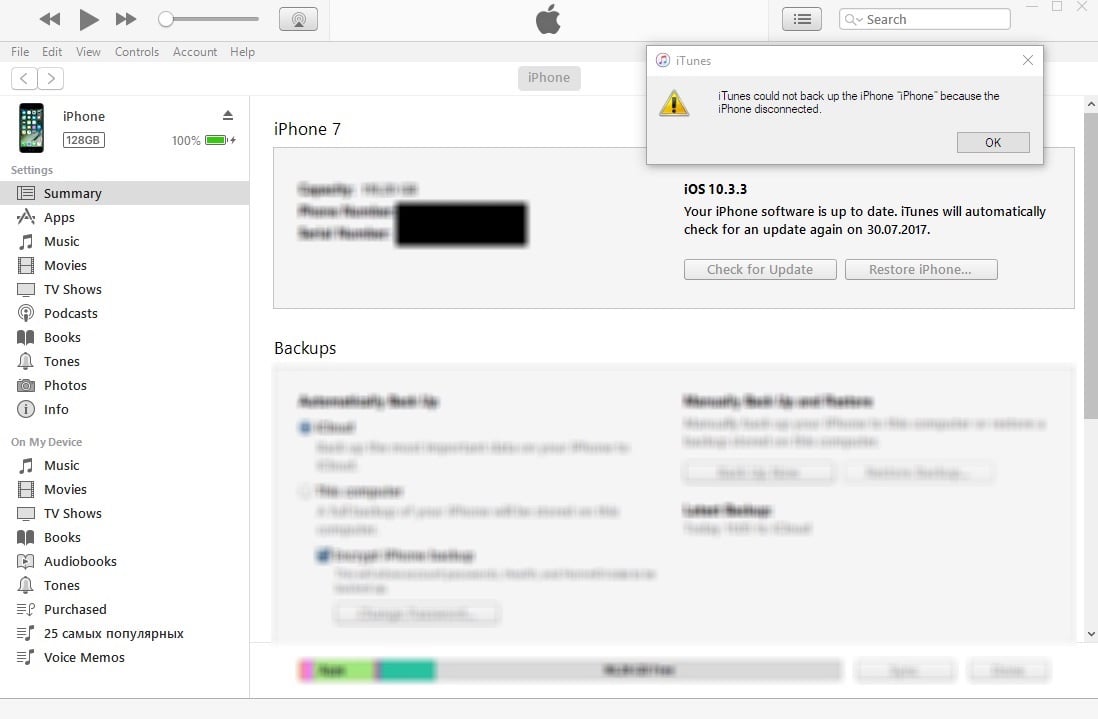 iPhone Disconnected iTunes Backup Error