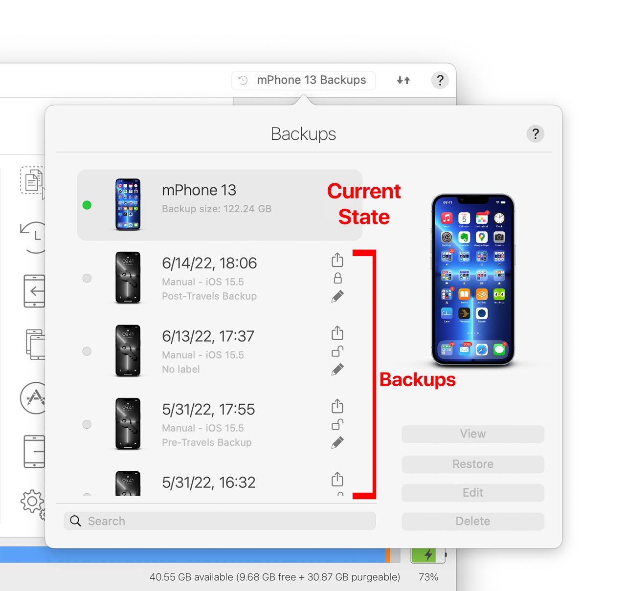 iMazing Backups Window Screenshot