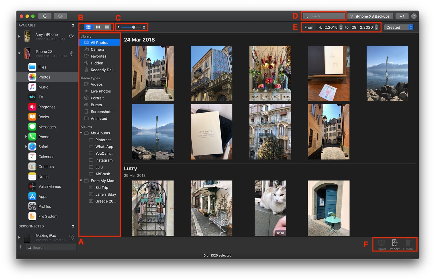 iMazing Photos Library View, With Highlighted and Numbered UI Components