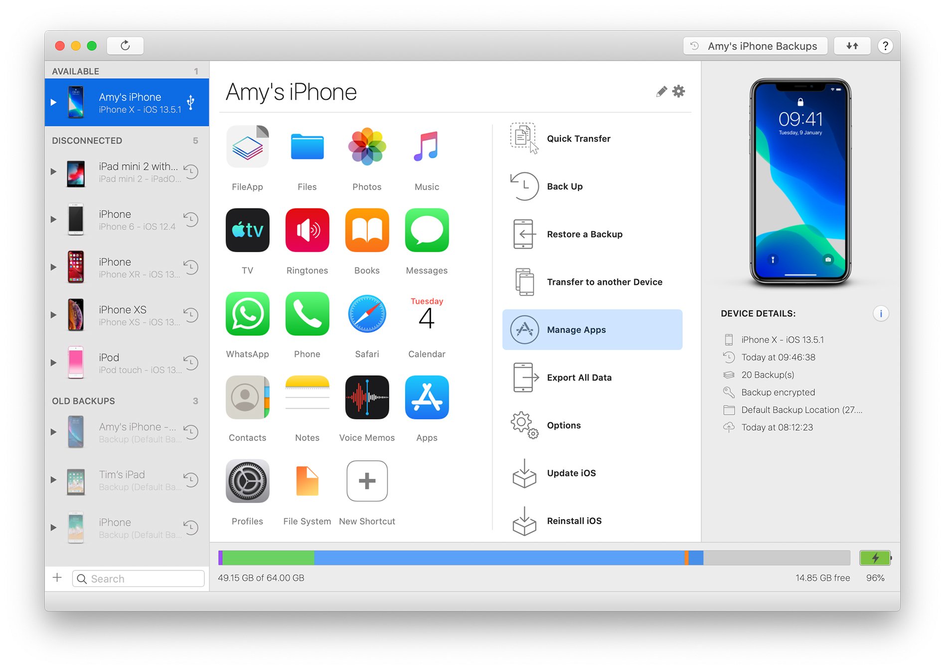 iMazing Main Screen, Manage Apps Highlighted