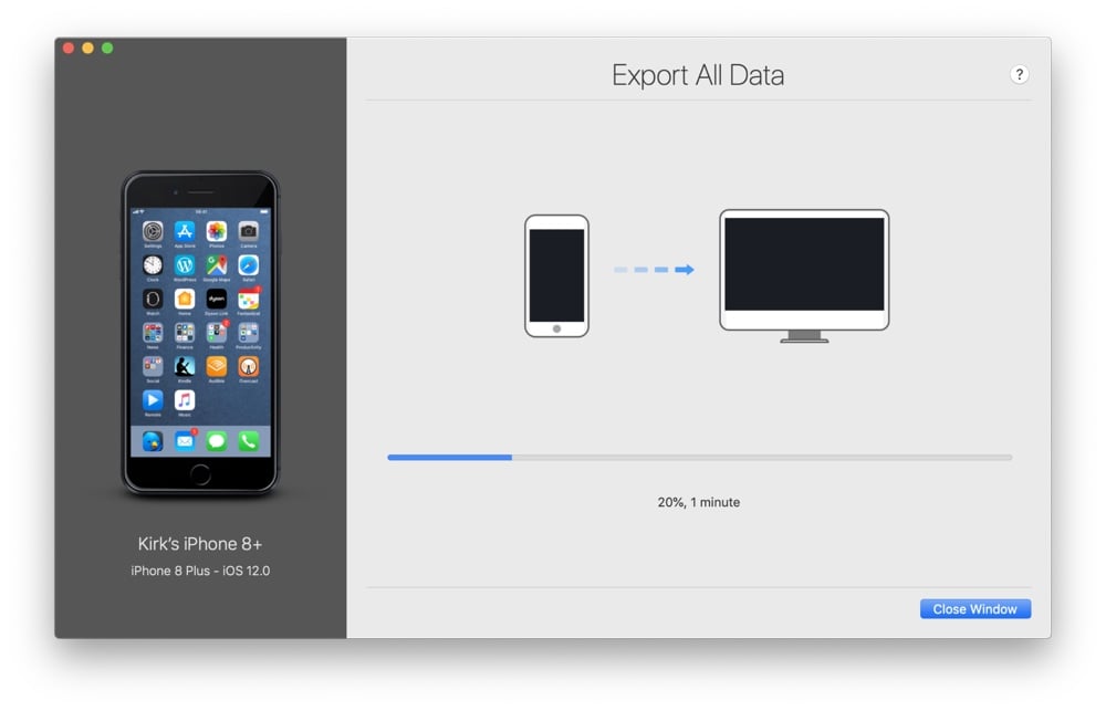 iMazing Export All Data progress screen