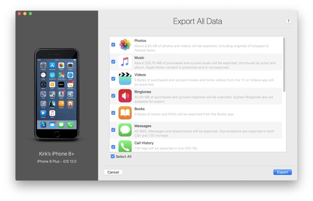 iMazing Export All Data wizard screenshot