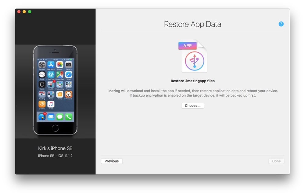 Restore App Data Screen