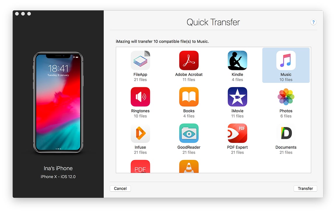 Quick Transfer wizard displaying compatible apps
