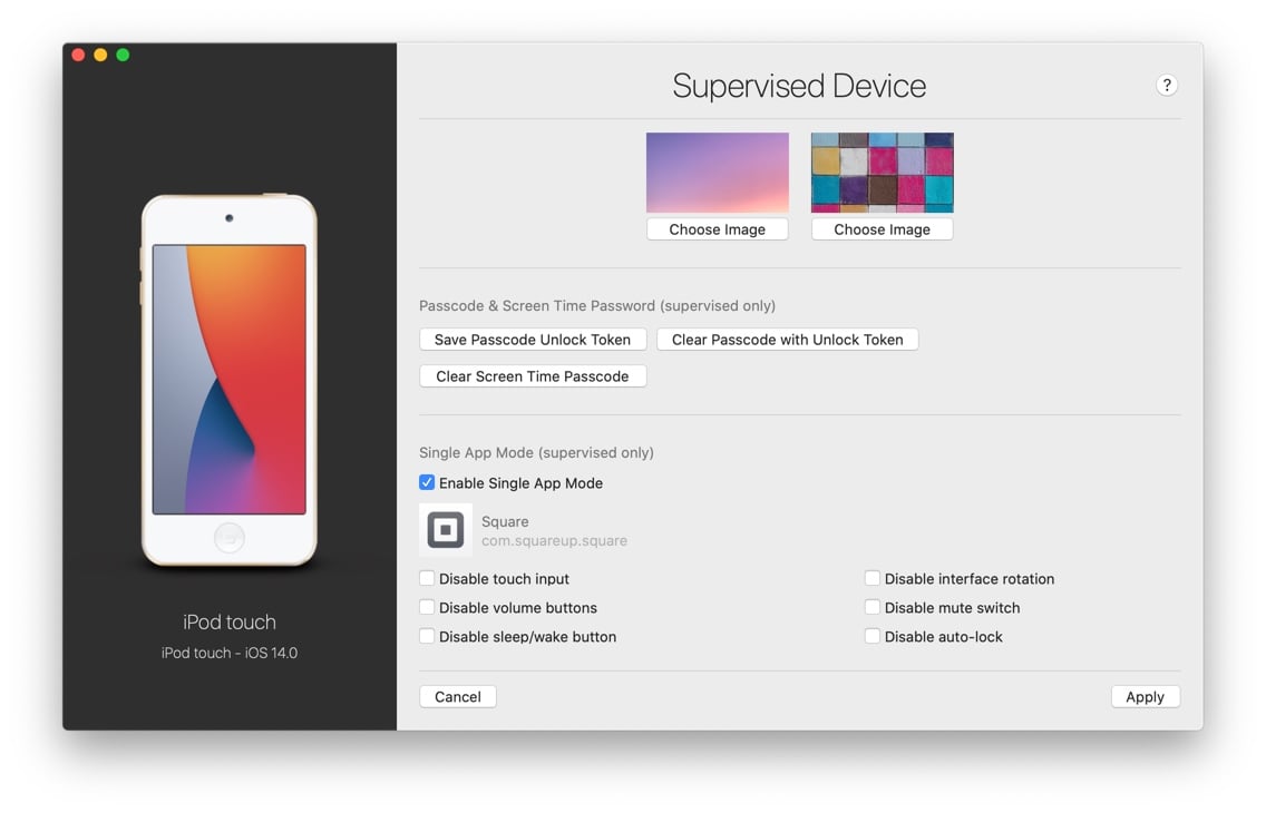 iMazing Supervised Settings Screen, Single App Mode Options