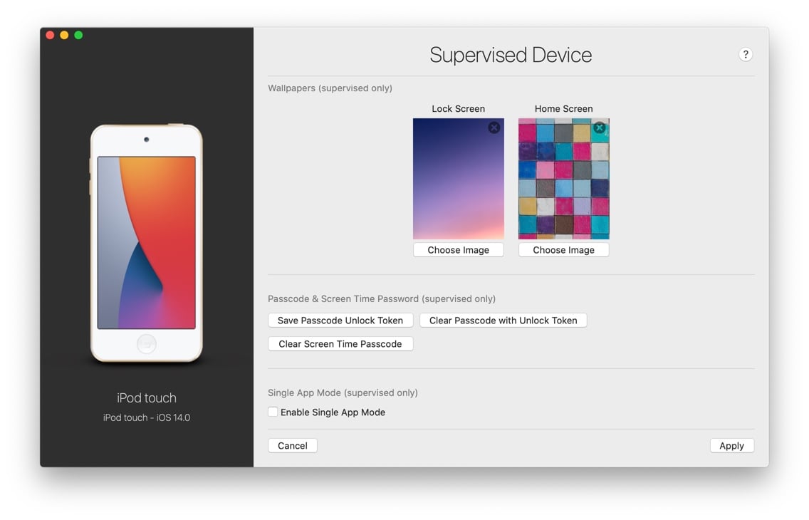 iMazing Supervised Settings Screen, Wallpapers Configured