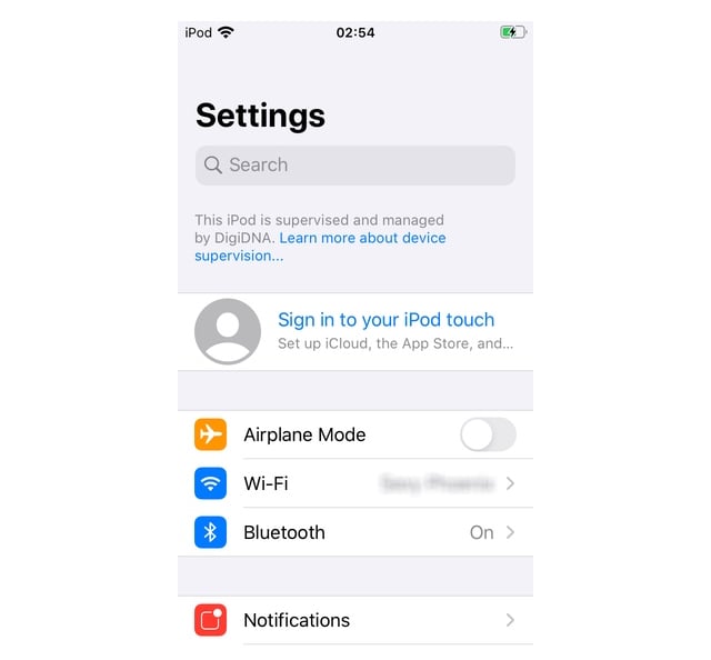 iOS Settings app, supervision notice