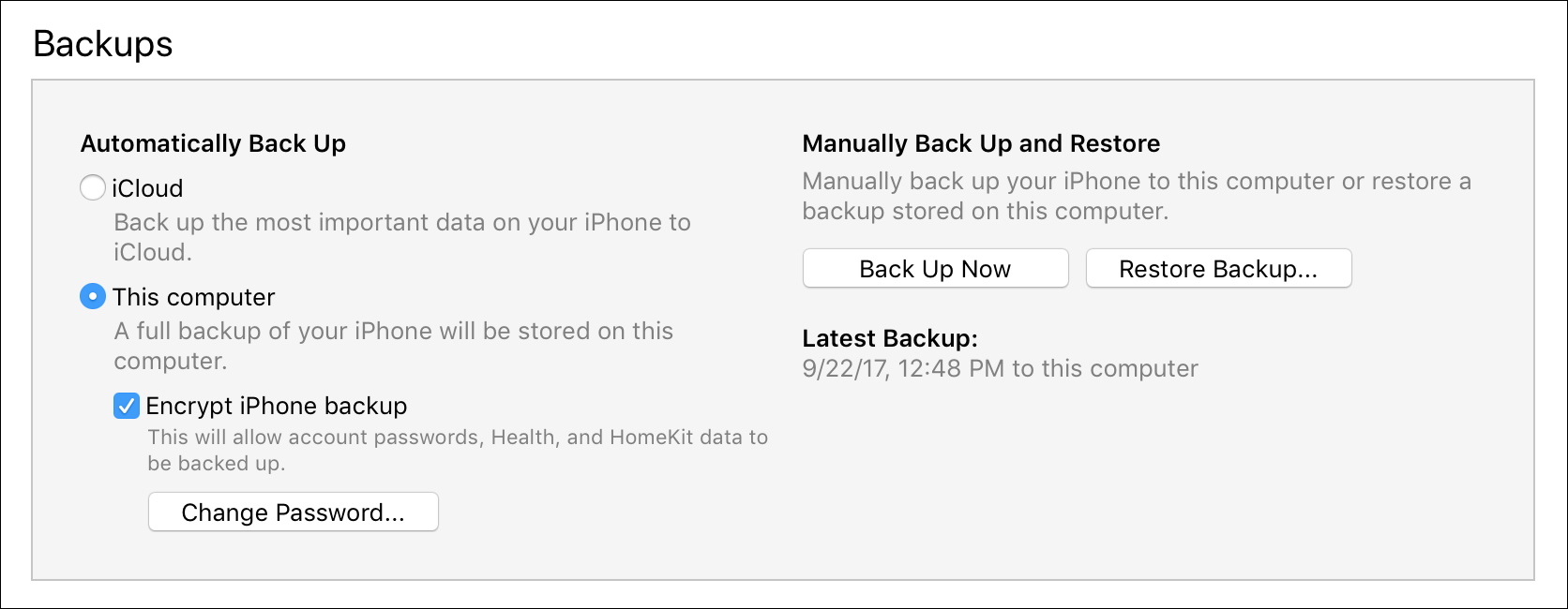 iTunes Backup Options Encryption Screenshot