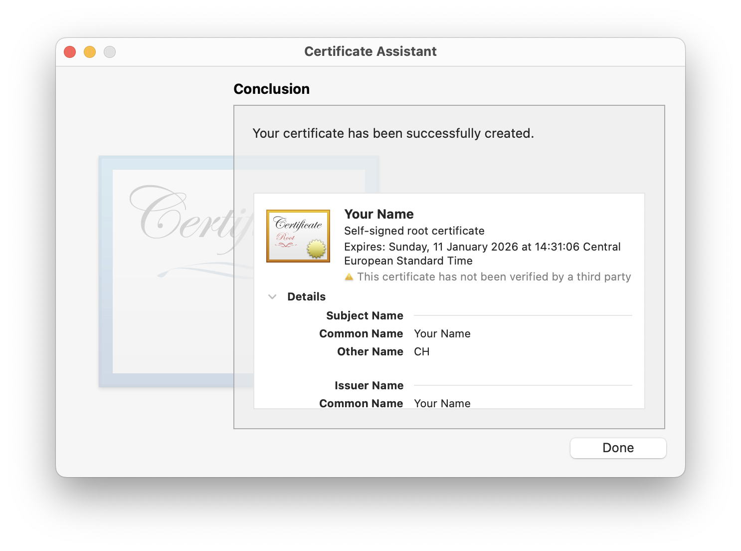macOS Keychain - Self signed certificate