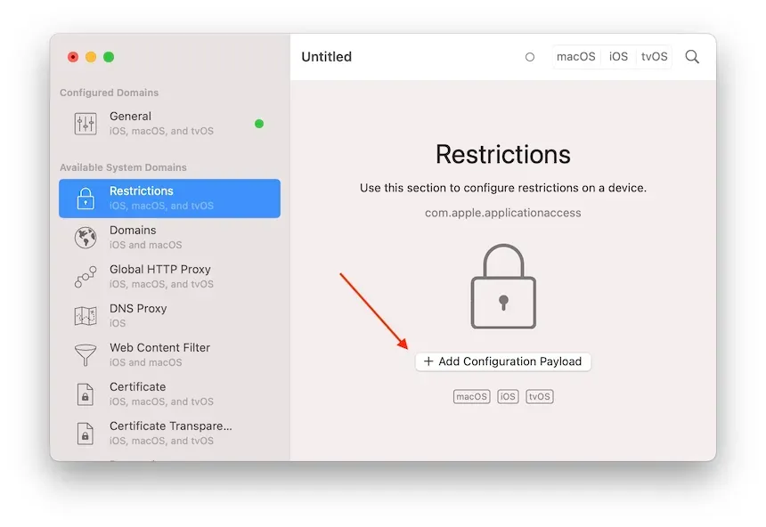 Profile Editor, Restrictions selected, Add button highlighted