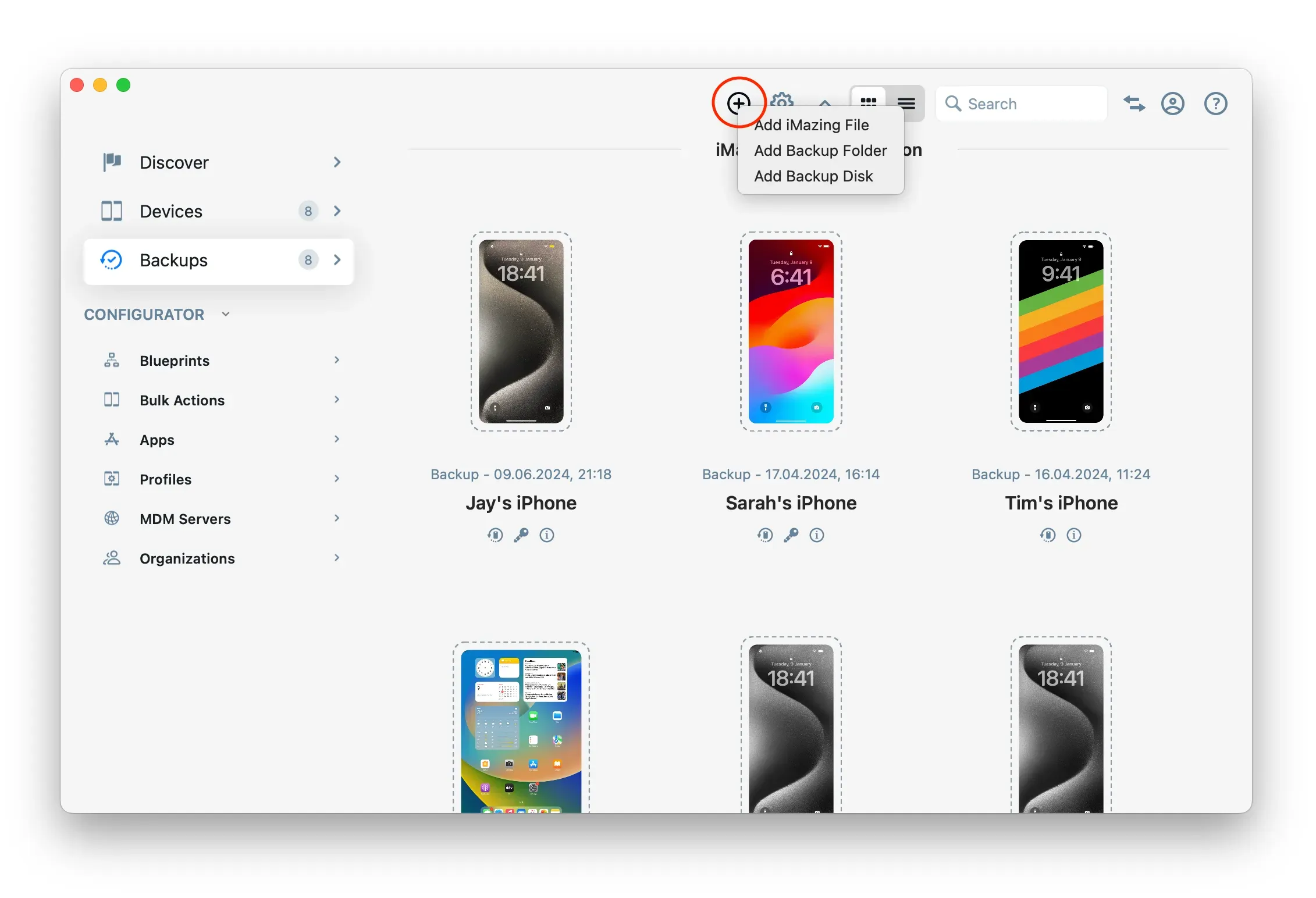 iMazing 3 Home Screen - Add Backup Menu