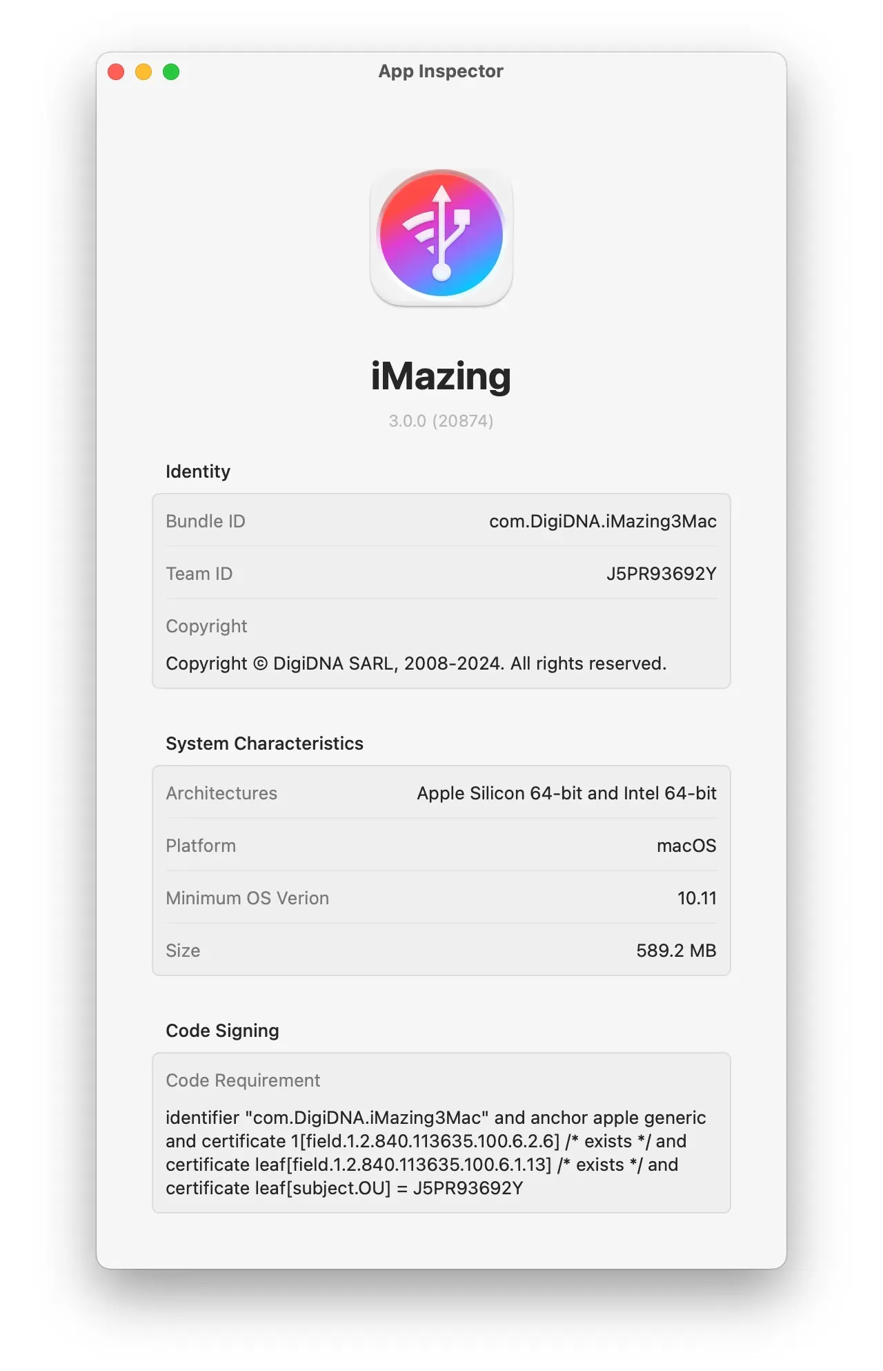 An App Inspector window displaying the bundle ID, team ID, code requirement, and more of iMazing