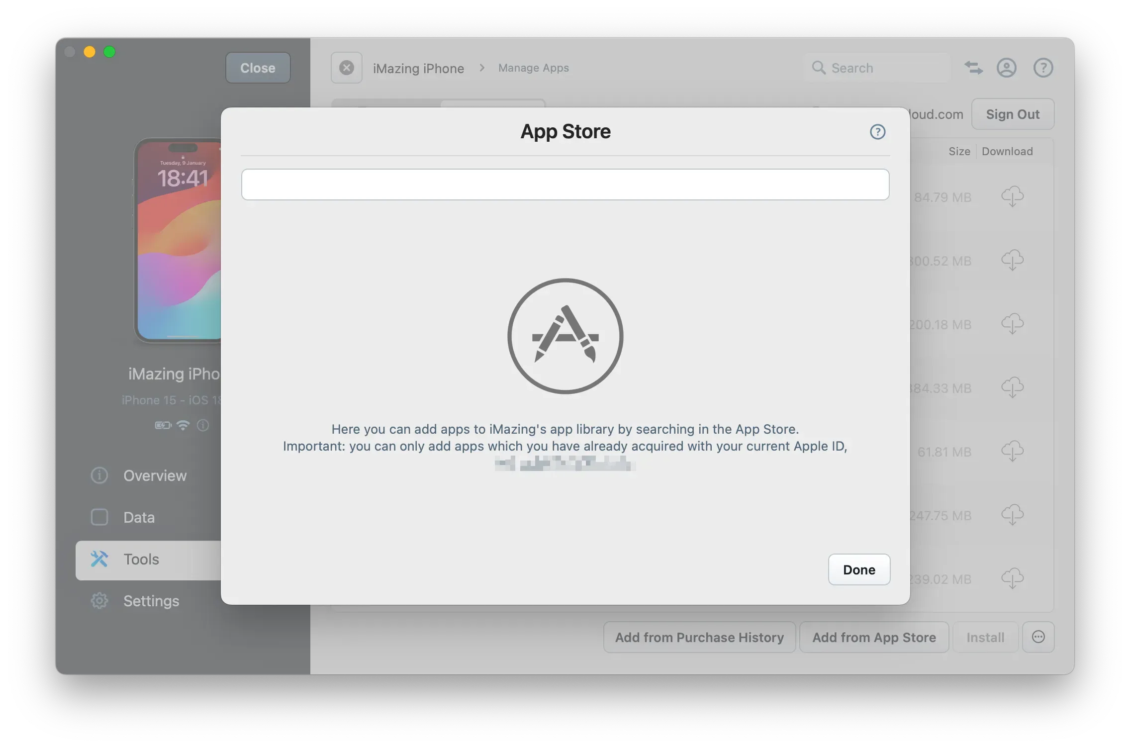 iMazing Manage Apps Search in App Store View
