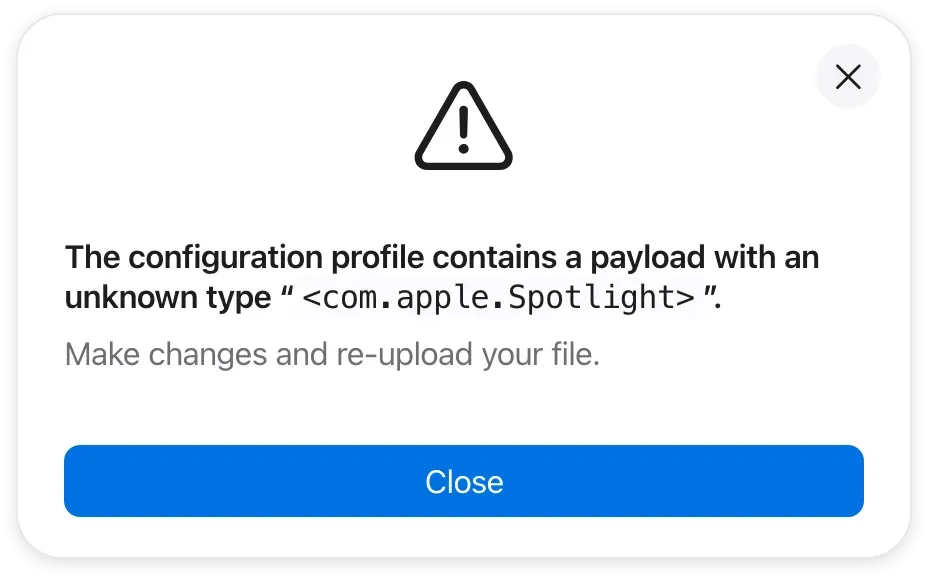 iMazing Configurator error dialog stating the configuration profile contains a payload with an unknown type com.apple.Spotlight