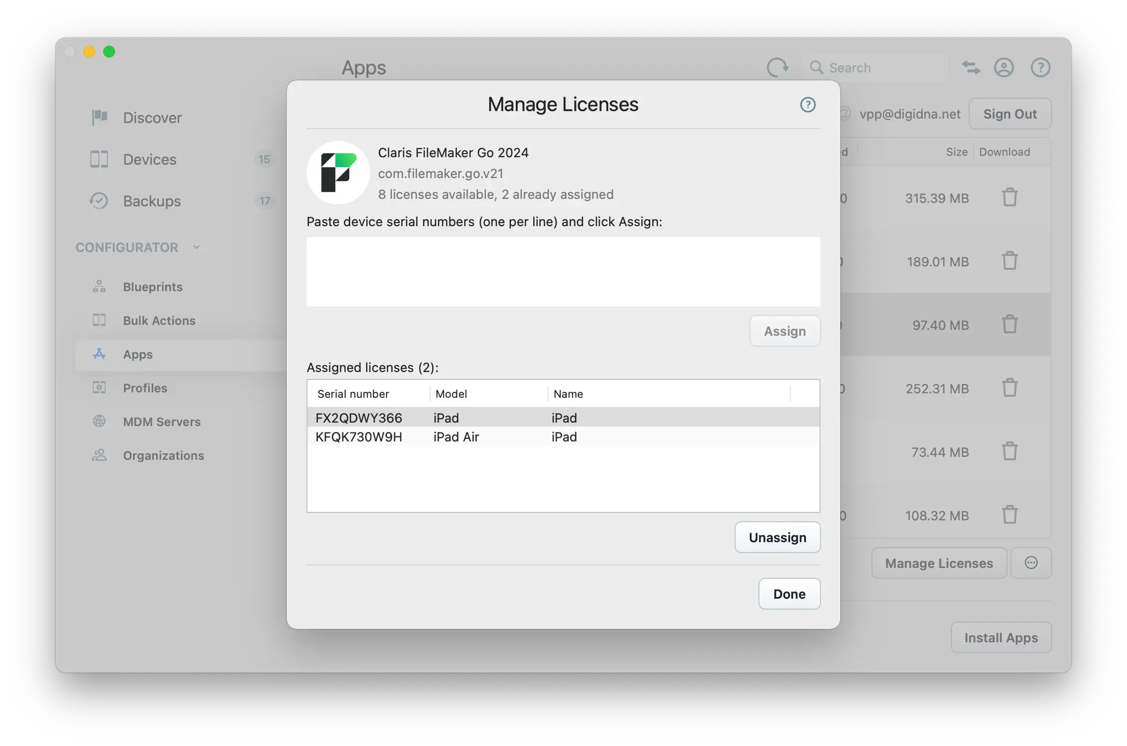 iMazing Configurator Apps Library - VPP Apple Account - Manage Apps