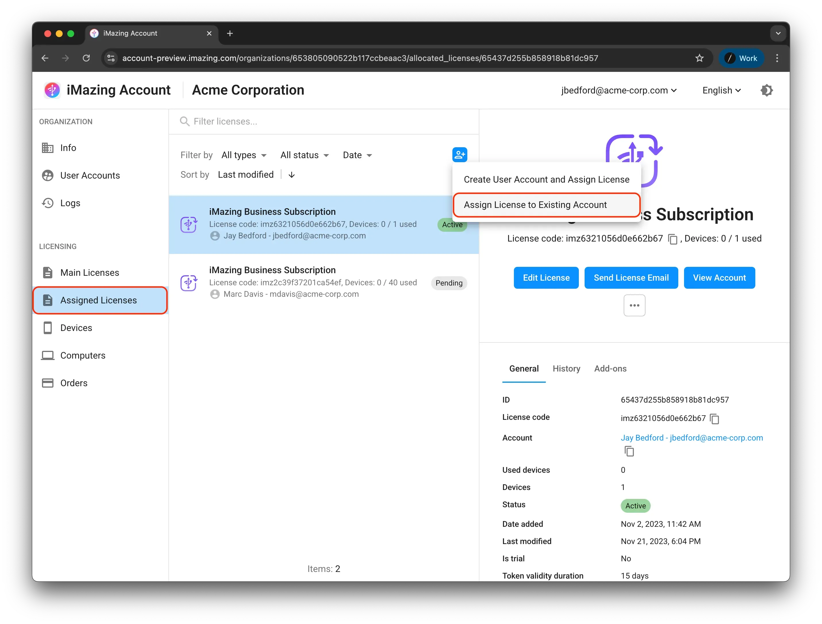 Assign License to Existing Account menu item