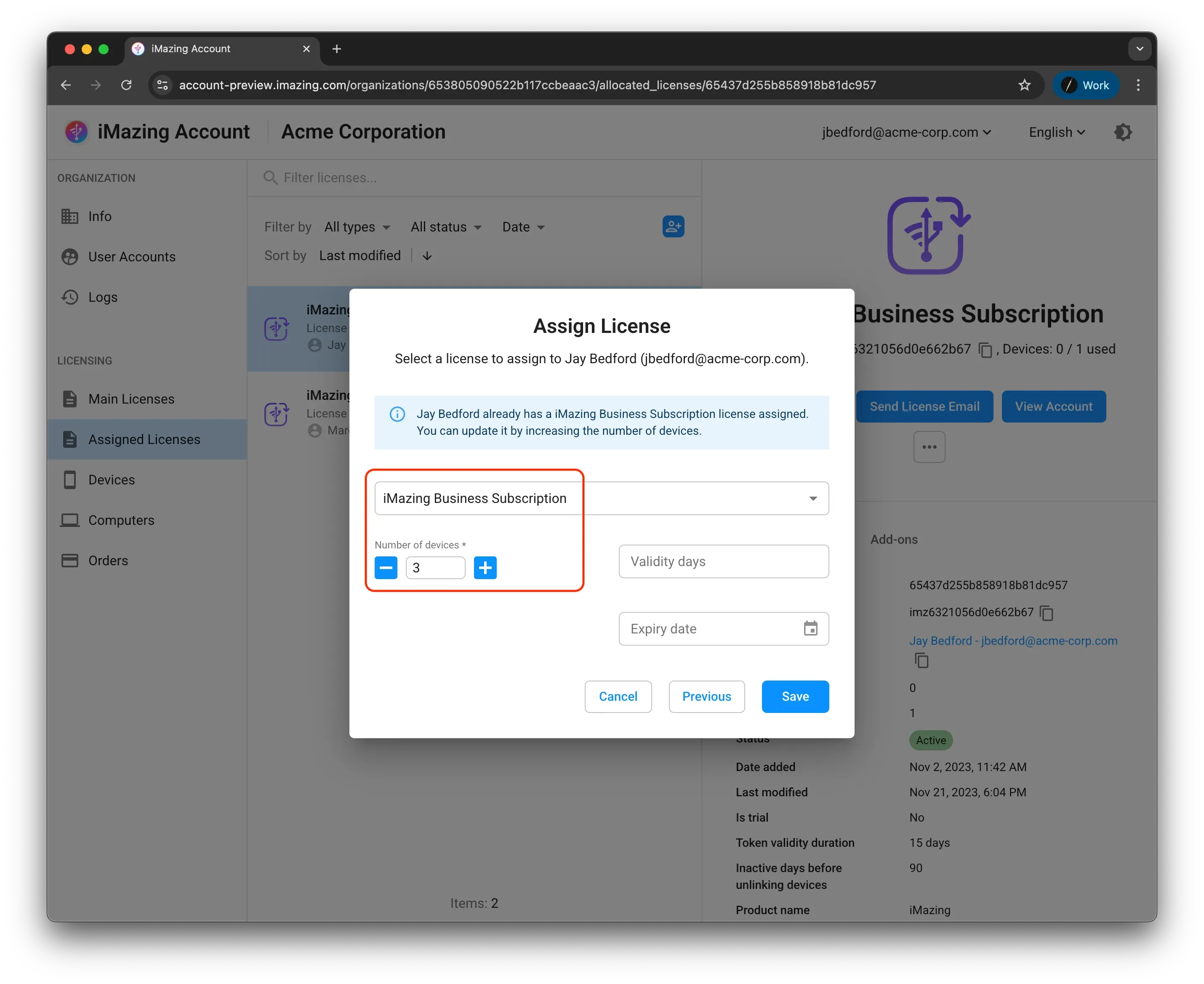 Select license and number of devices