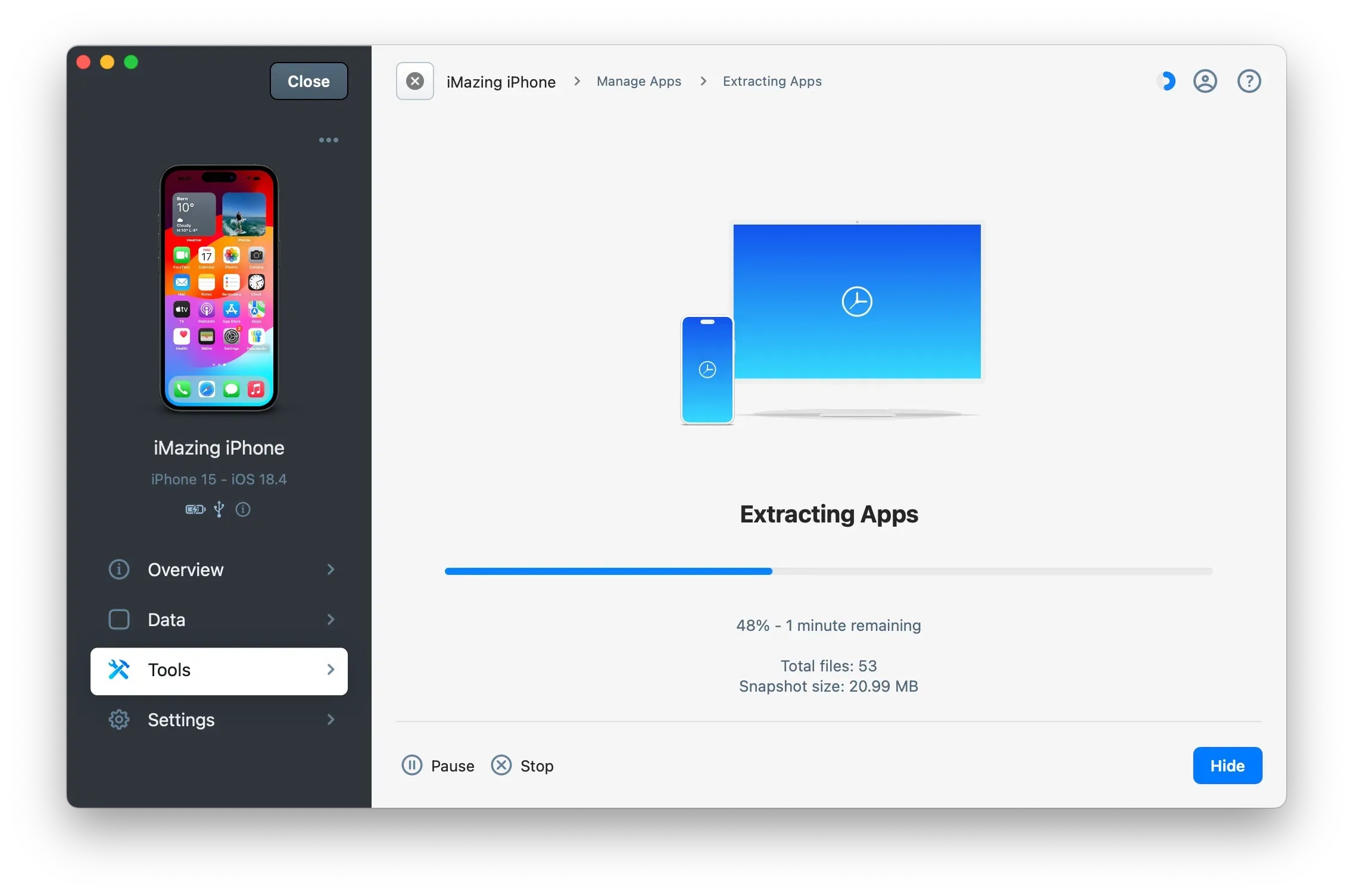 iMazing Extract App Data Progress