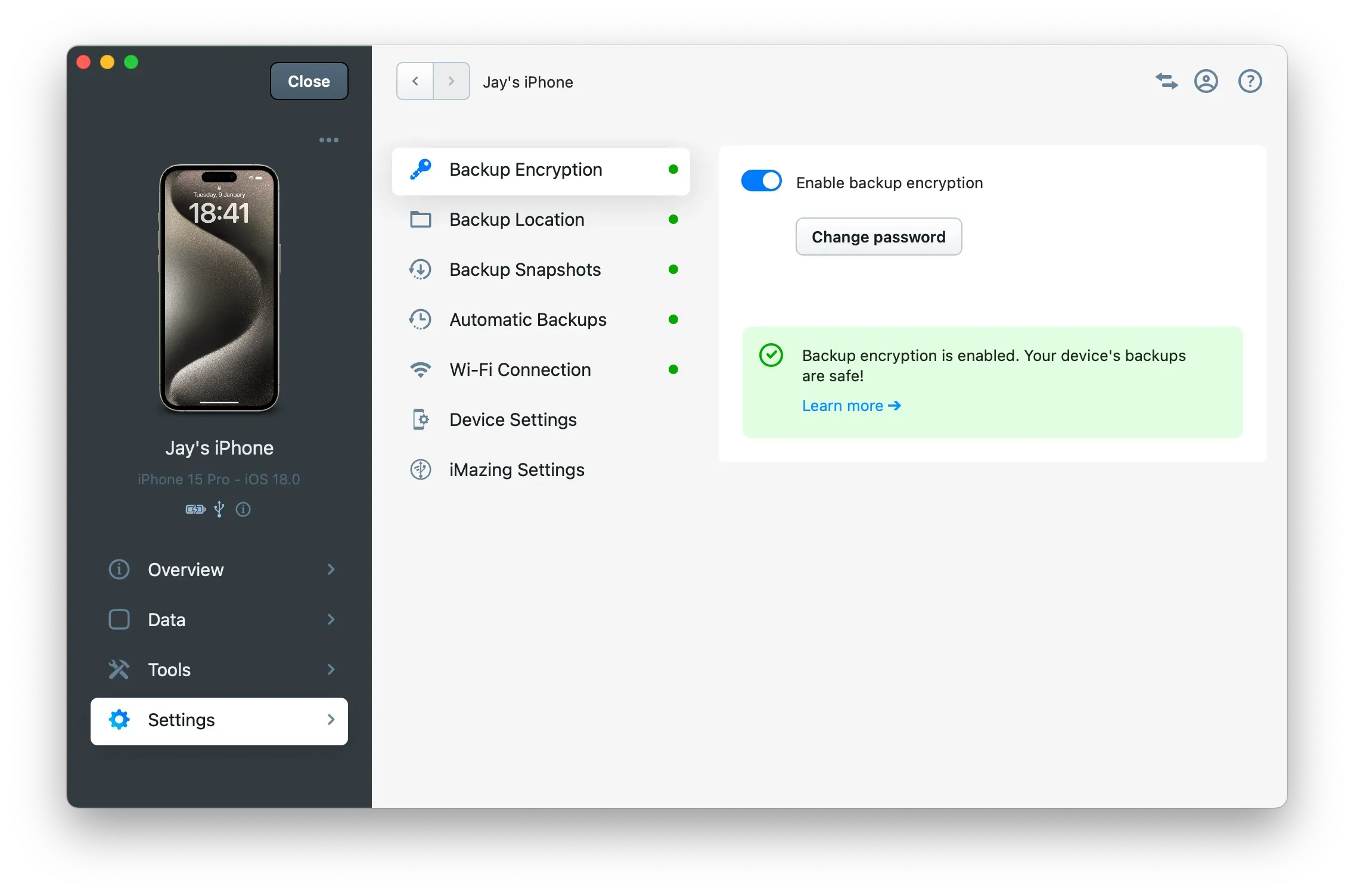 iMazing Device Settings - Backup Encryption Panel