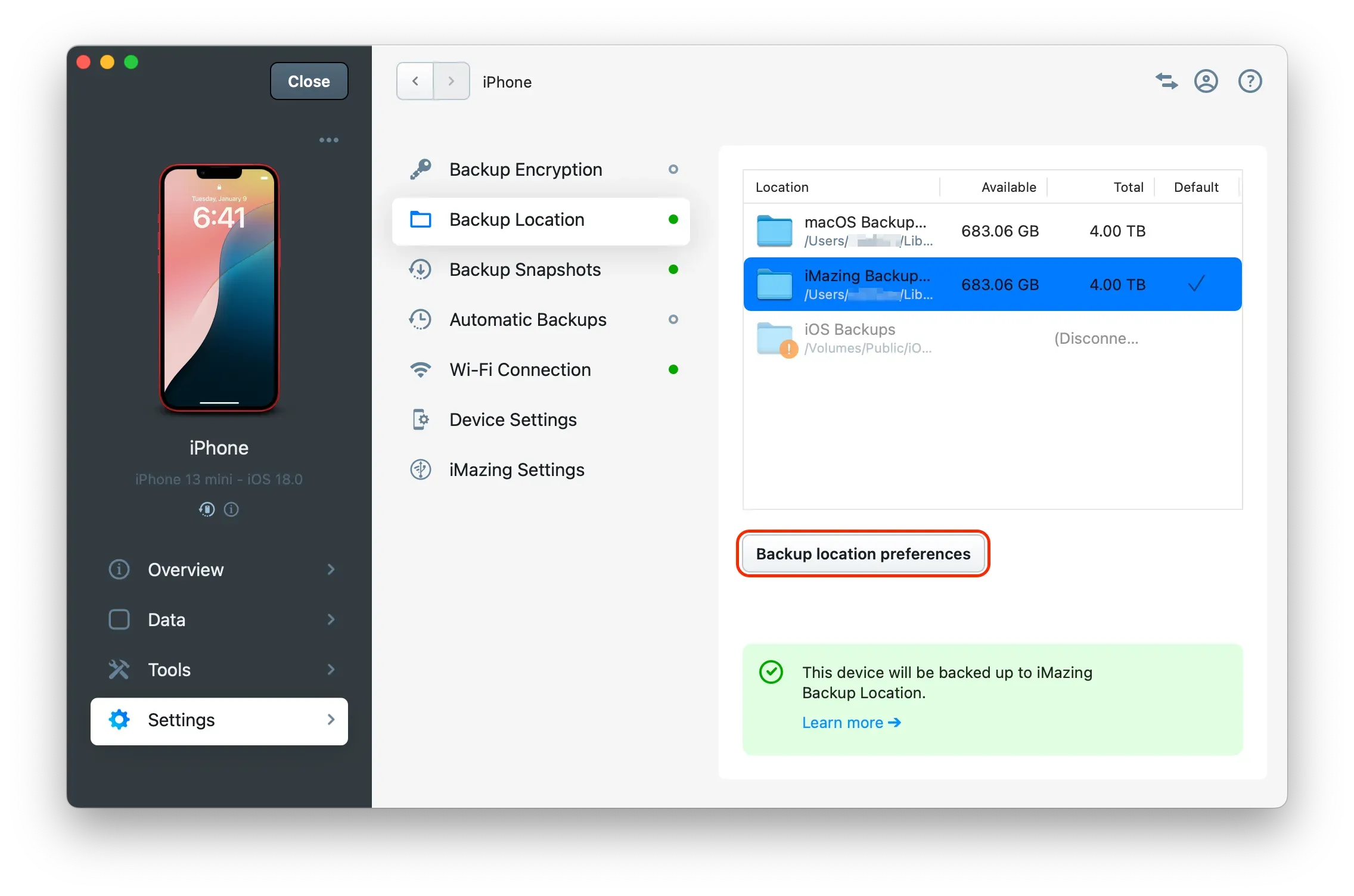 iMazing Backup Location Preferences Button