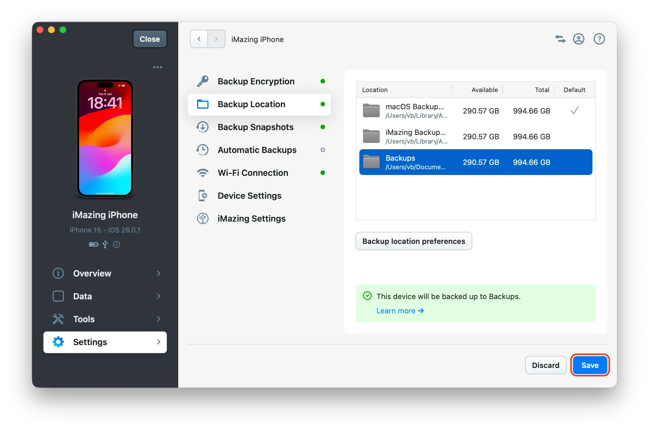 Save to a new backup location in iMazing