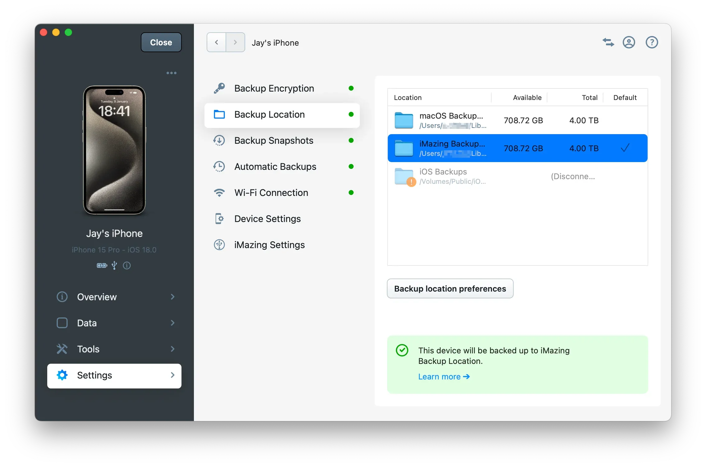iMazing Device Settings - Backup Location Panel