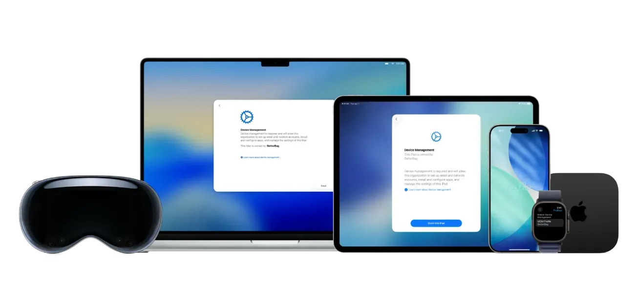 Apple devices including Mac, iPad, iPhone, Vision Pro, Apple Watch, and Apple TV displaying MDM device management enrollment screens