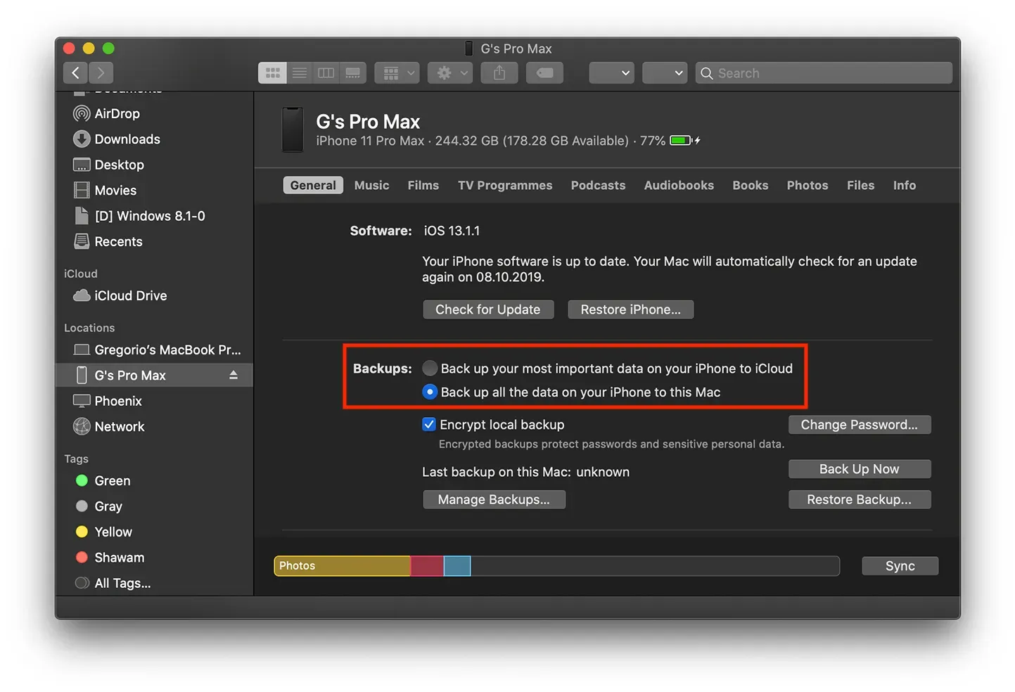 Catalina Finder iOS Device General Screen