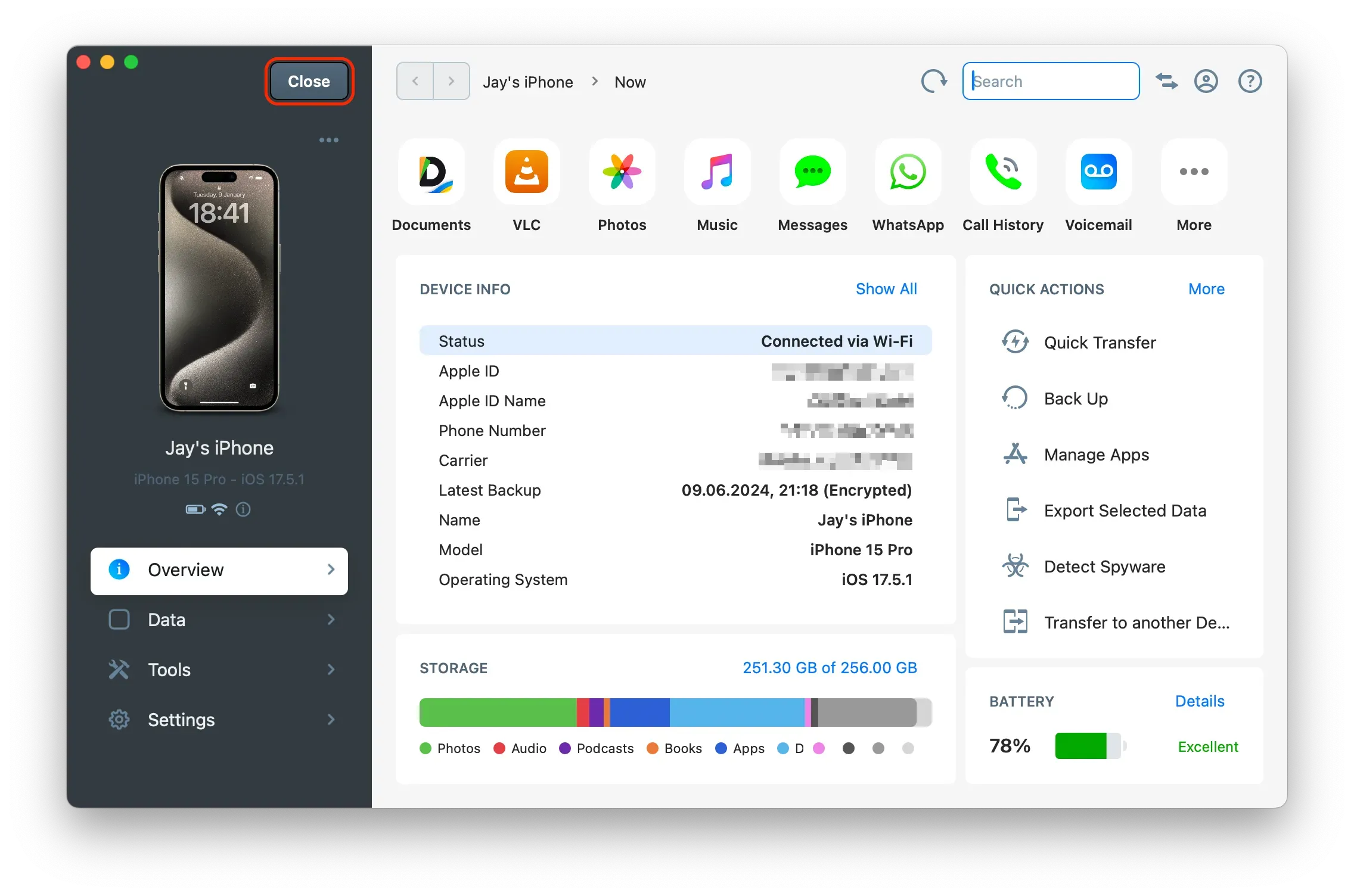 iMazing 3 Close Device Button