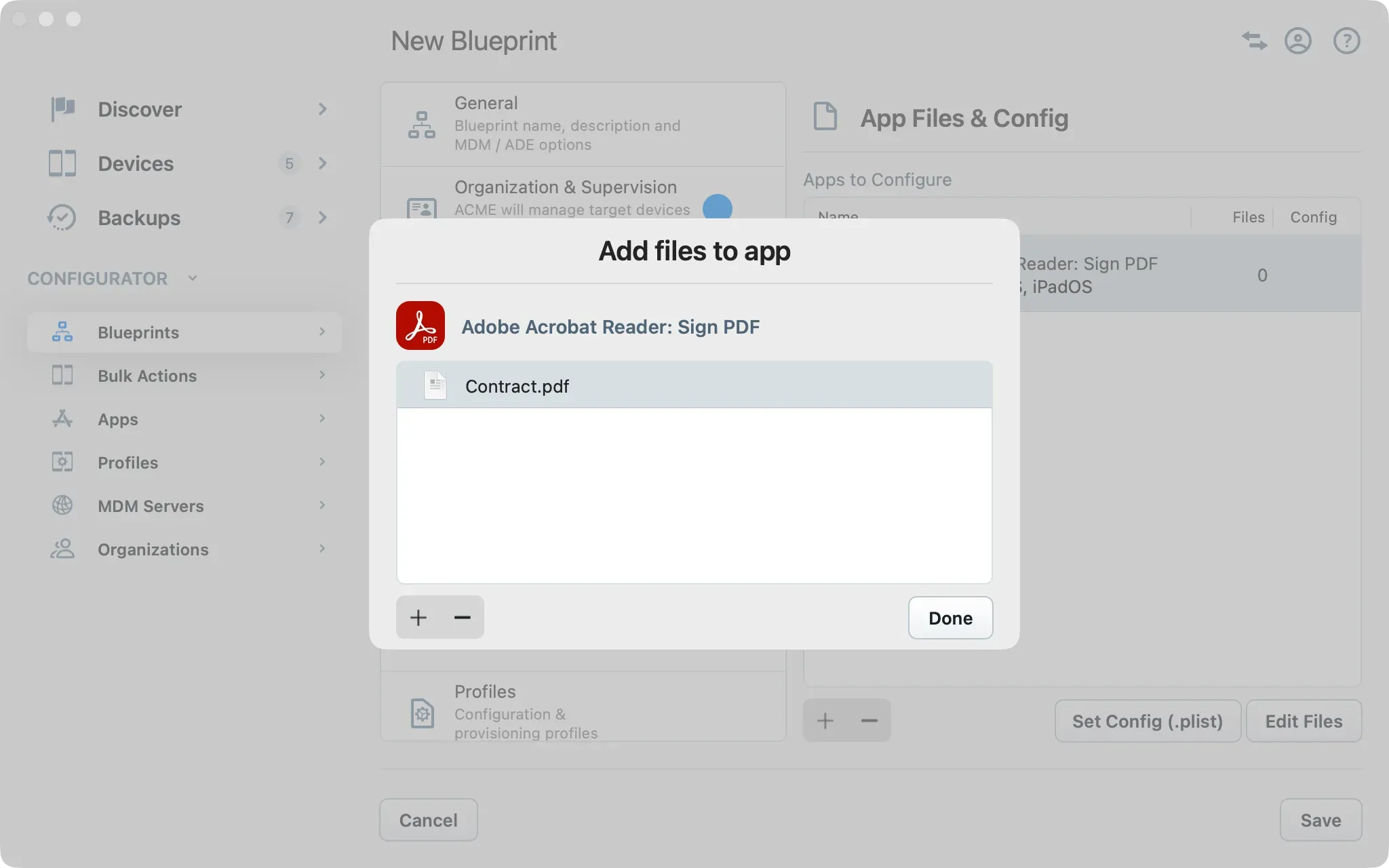 iMazing Configurator, Blueprint Editor App Files & Config Section, Adding Files