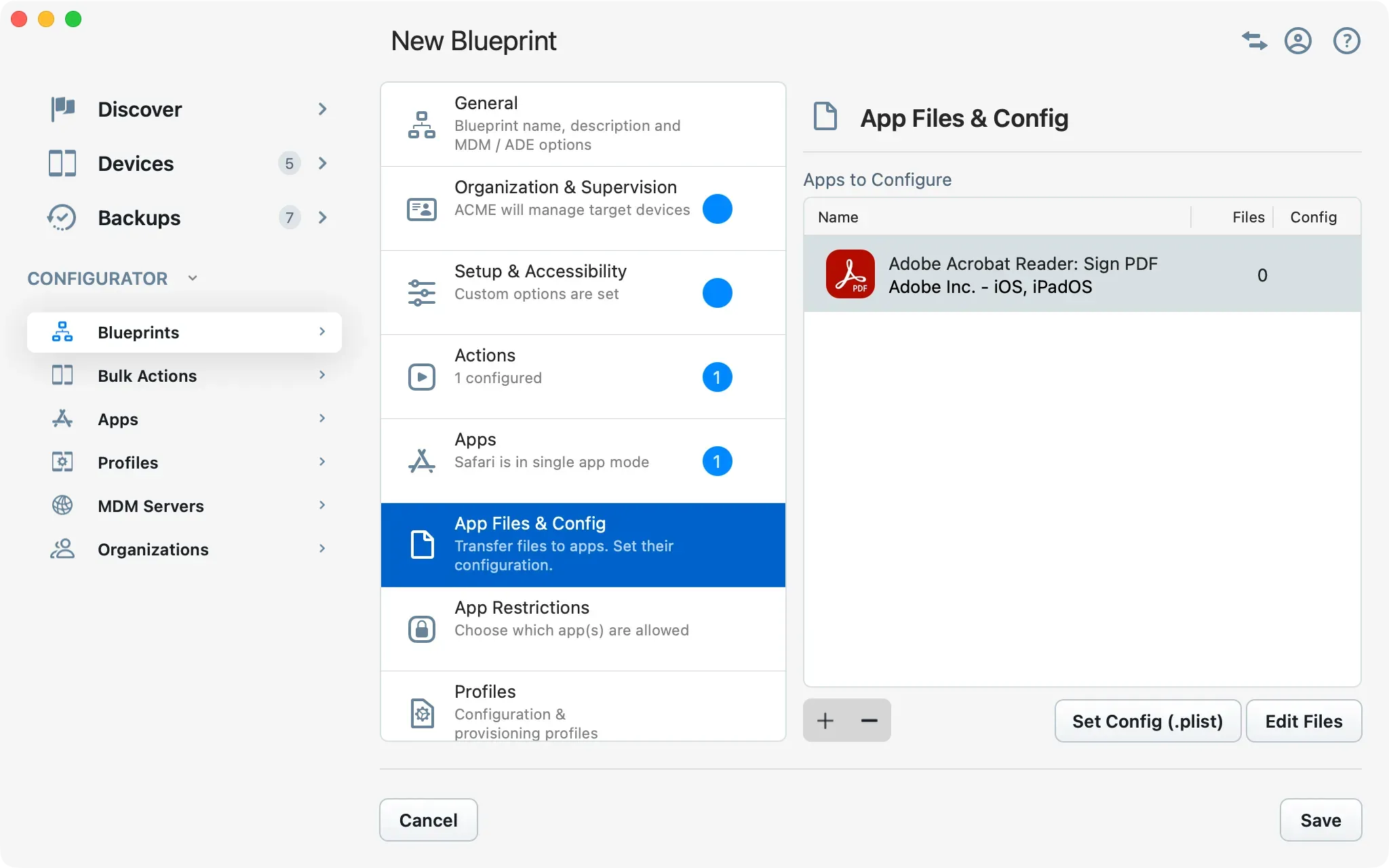 iMazing Configurator, Blueprint Editor App Files & Config Section