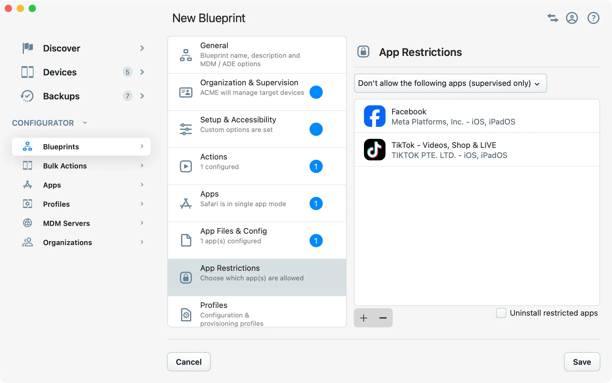 iMazing Configurator, Blueprint Editor App Restrictions Section