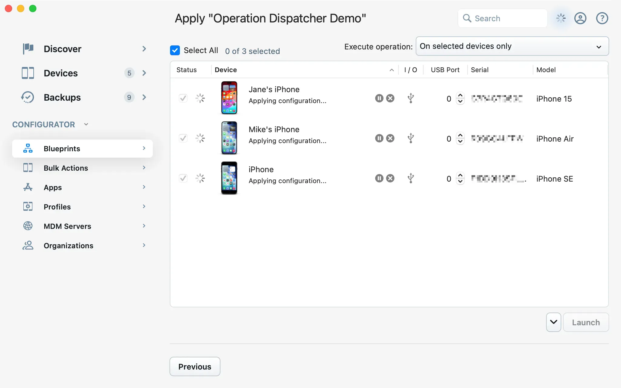 iMazing Configurator, Operation Dispatcher, Devices Being Processed