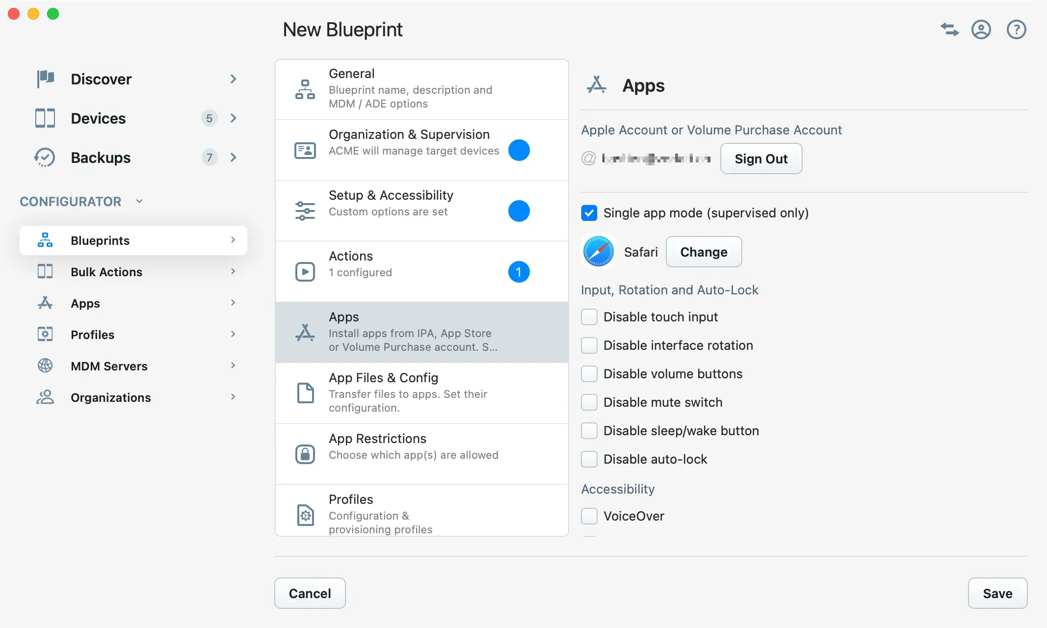 iMazing Configurator, Blueprint Editor Apps Section, Kiosk Mode Options