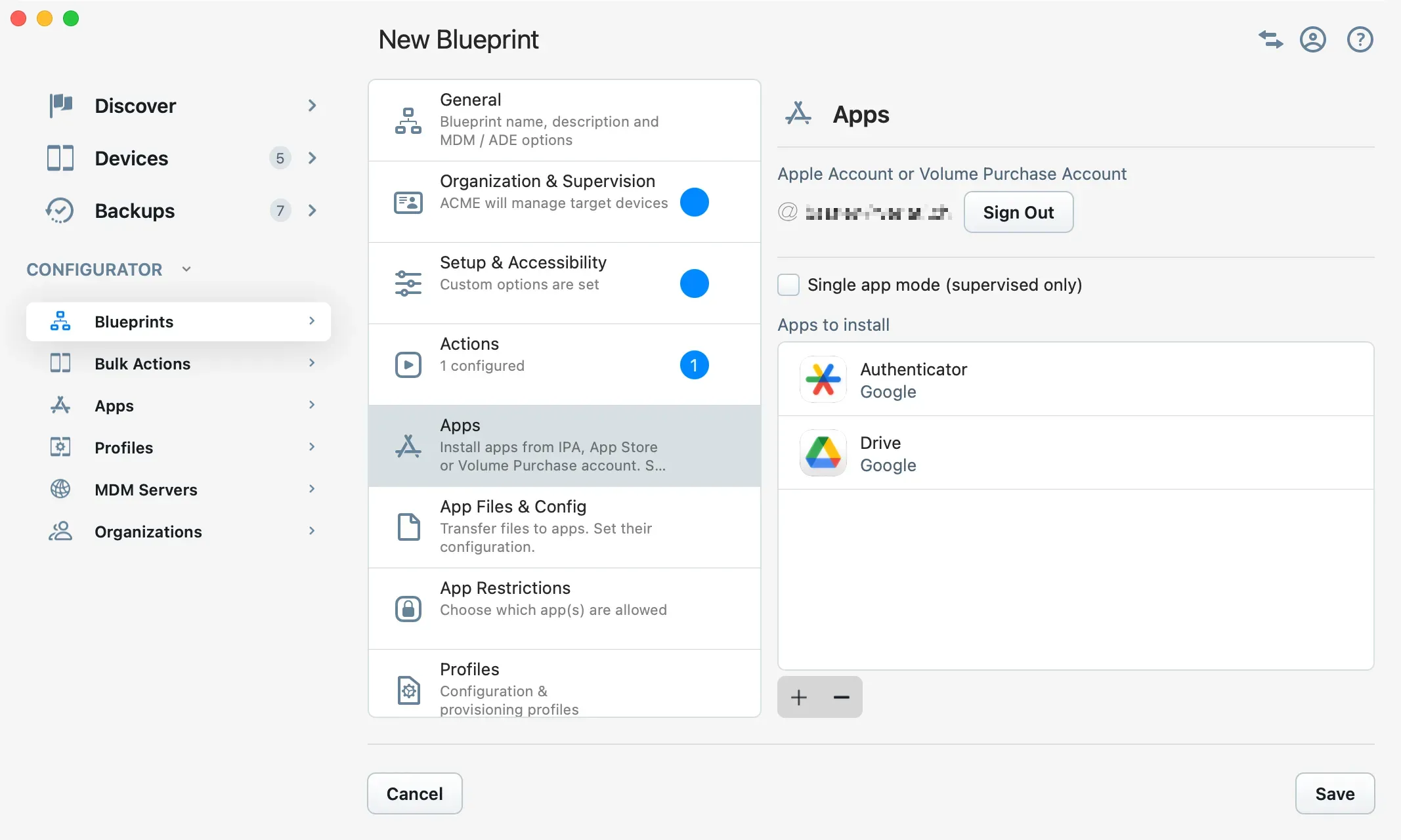 iMazing Configurator, Blueprint Editor Apps Section
