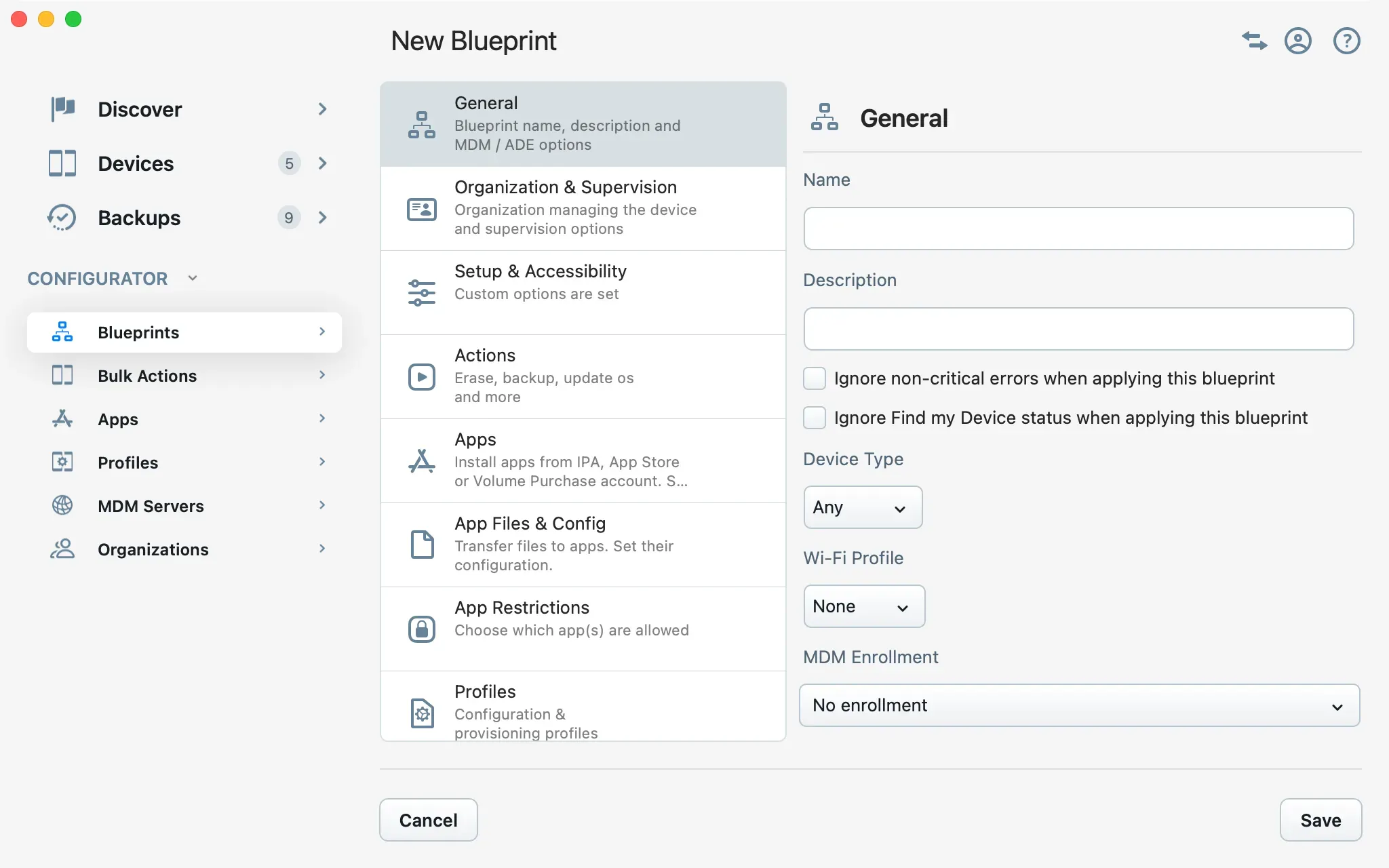 iMazing Configurator, Blueprint Editor General Section
