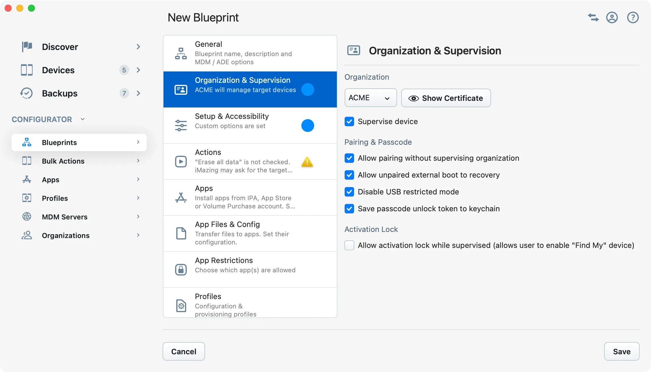 iMazing Configurator, Blueprint Editor Organization & Supervision Section