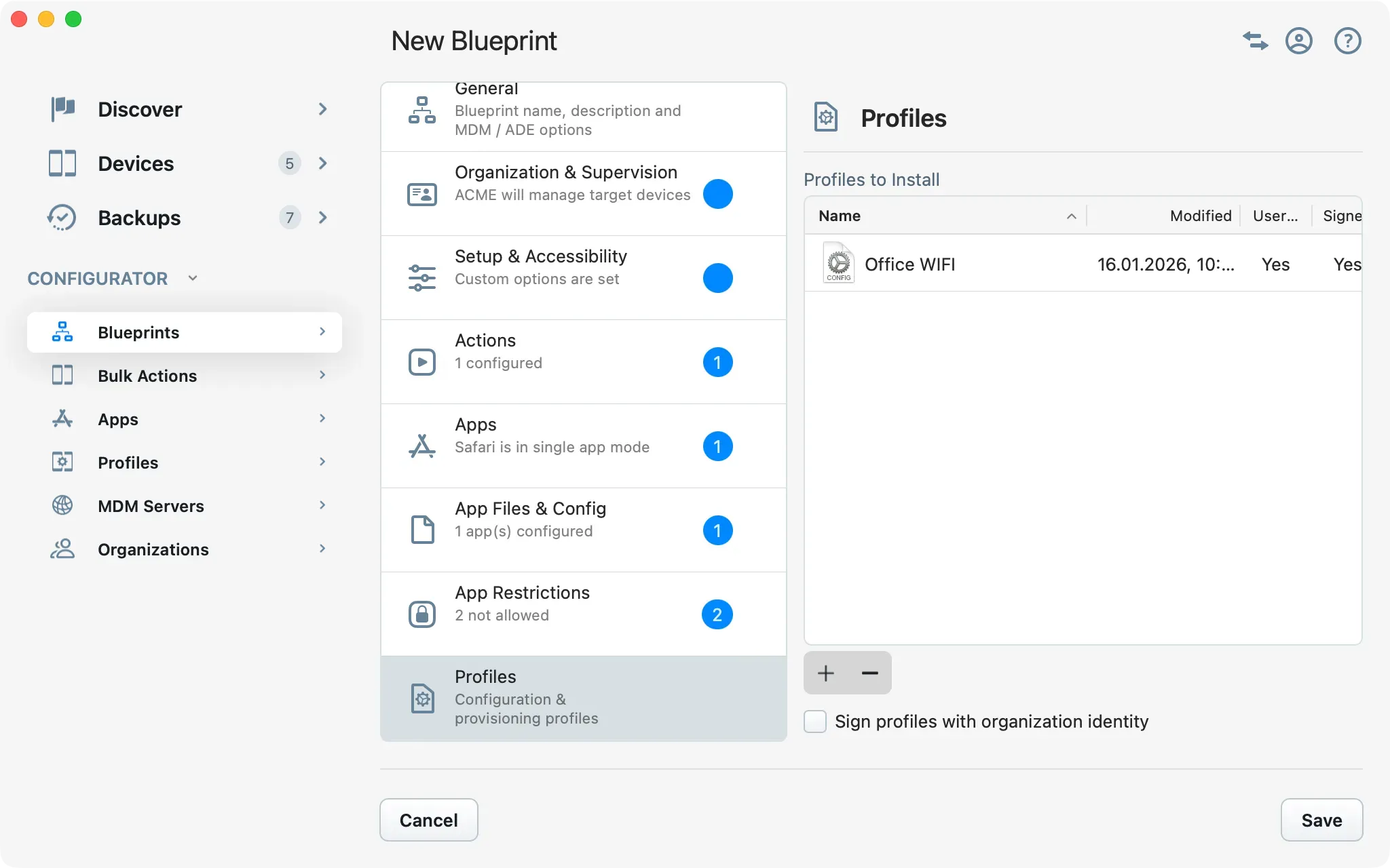iMazing Configurator, Blueprint Editor Profiles Section