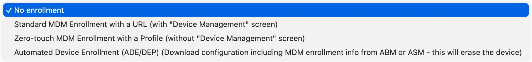 iMazing Configurator, Blueprint Editor General Section, MDM Enrollment Dropdown