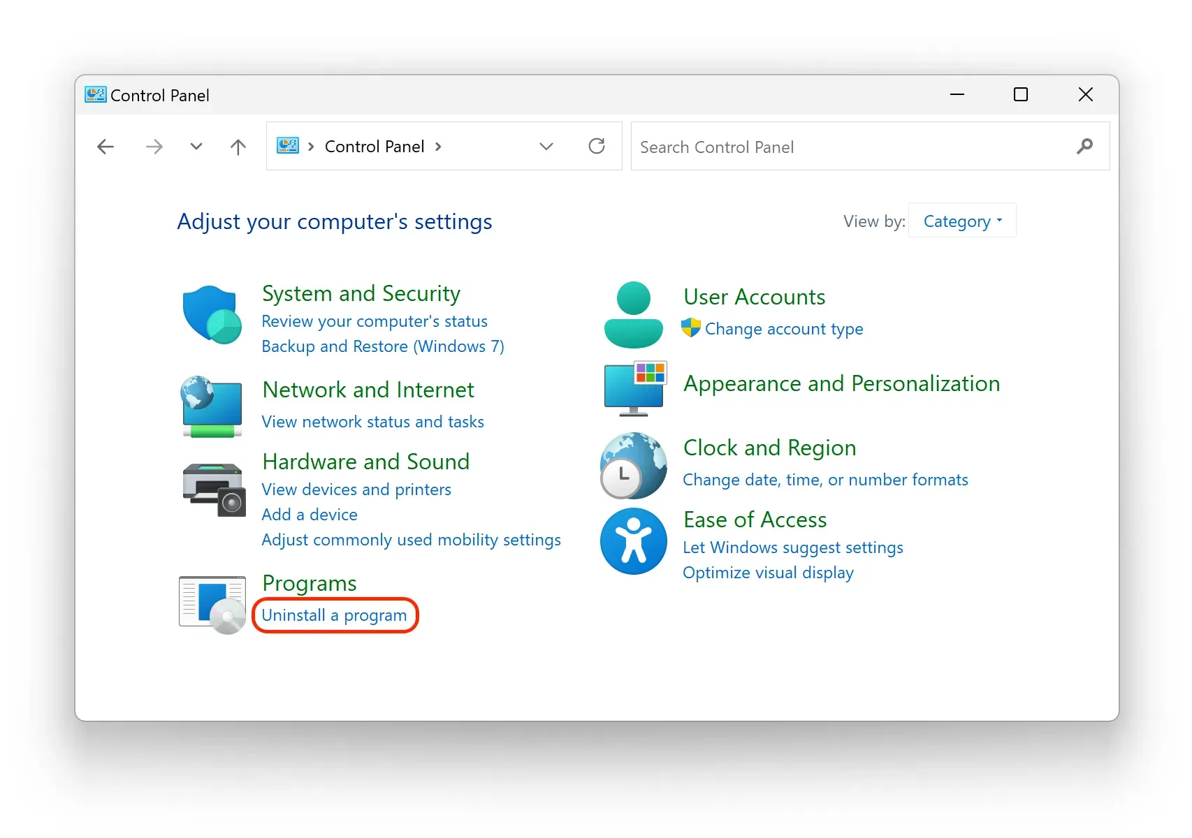Windows Control Panel - Uninstall a program