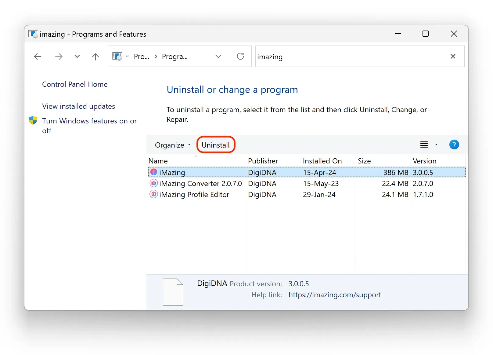 Windows Control Panel - With iMazing selected, Click Uninstall