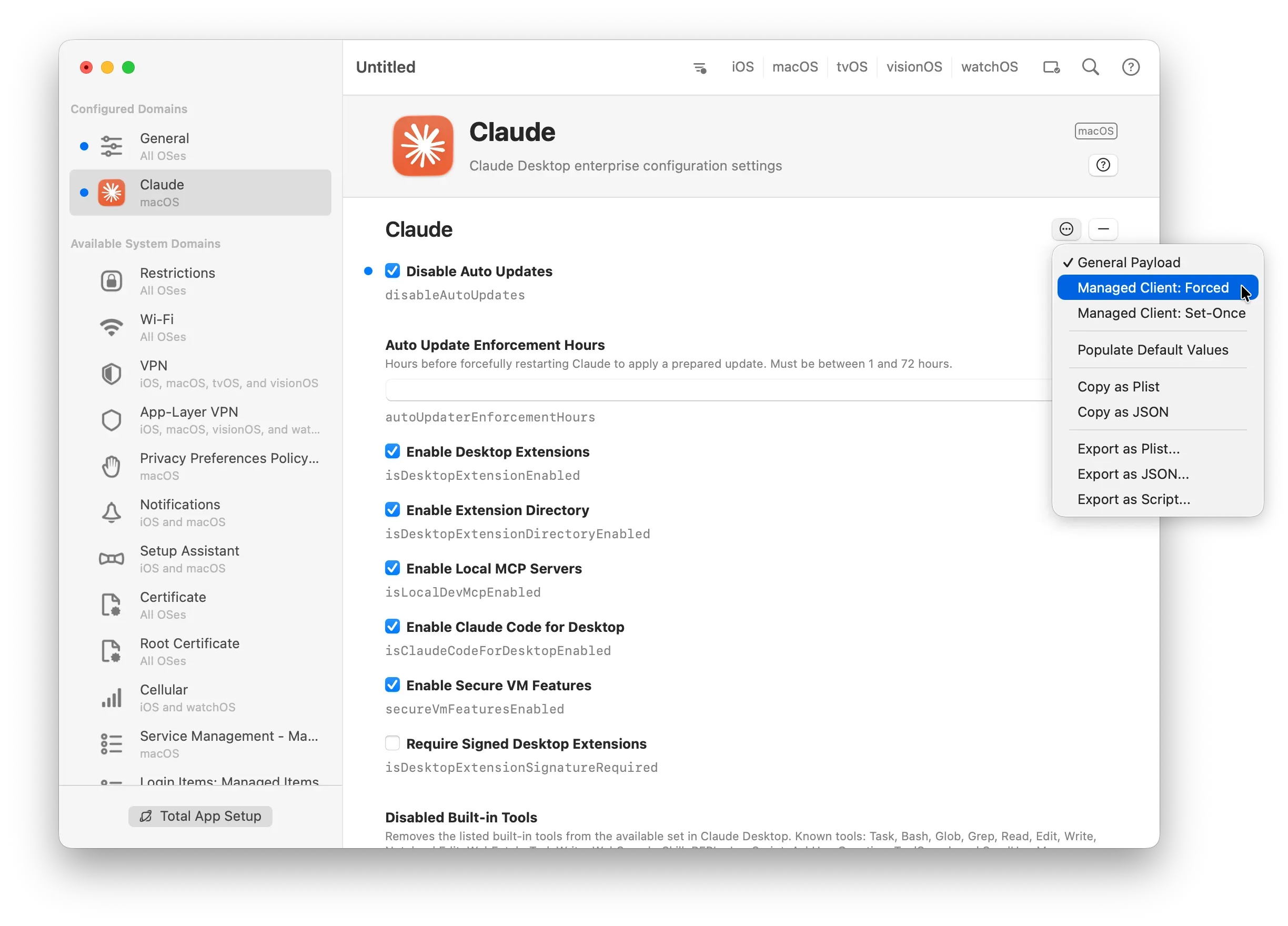 Converting a general payload to Managed Client: Forced using the payload options menu