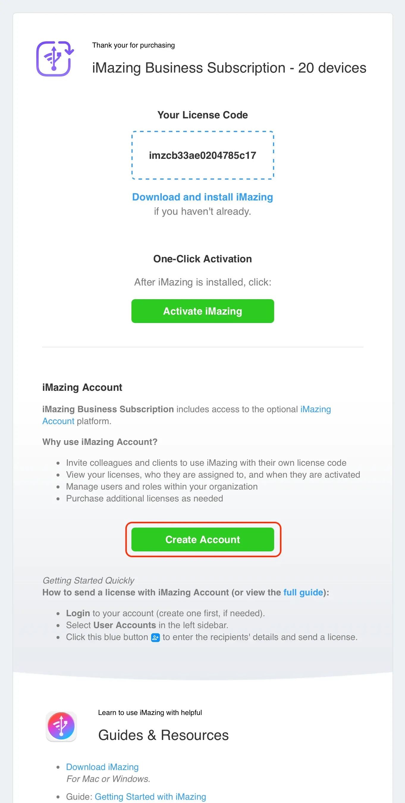 Confirmation and invitation to create an account