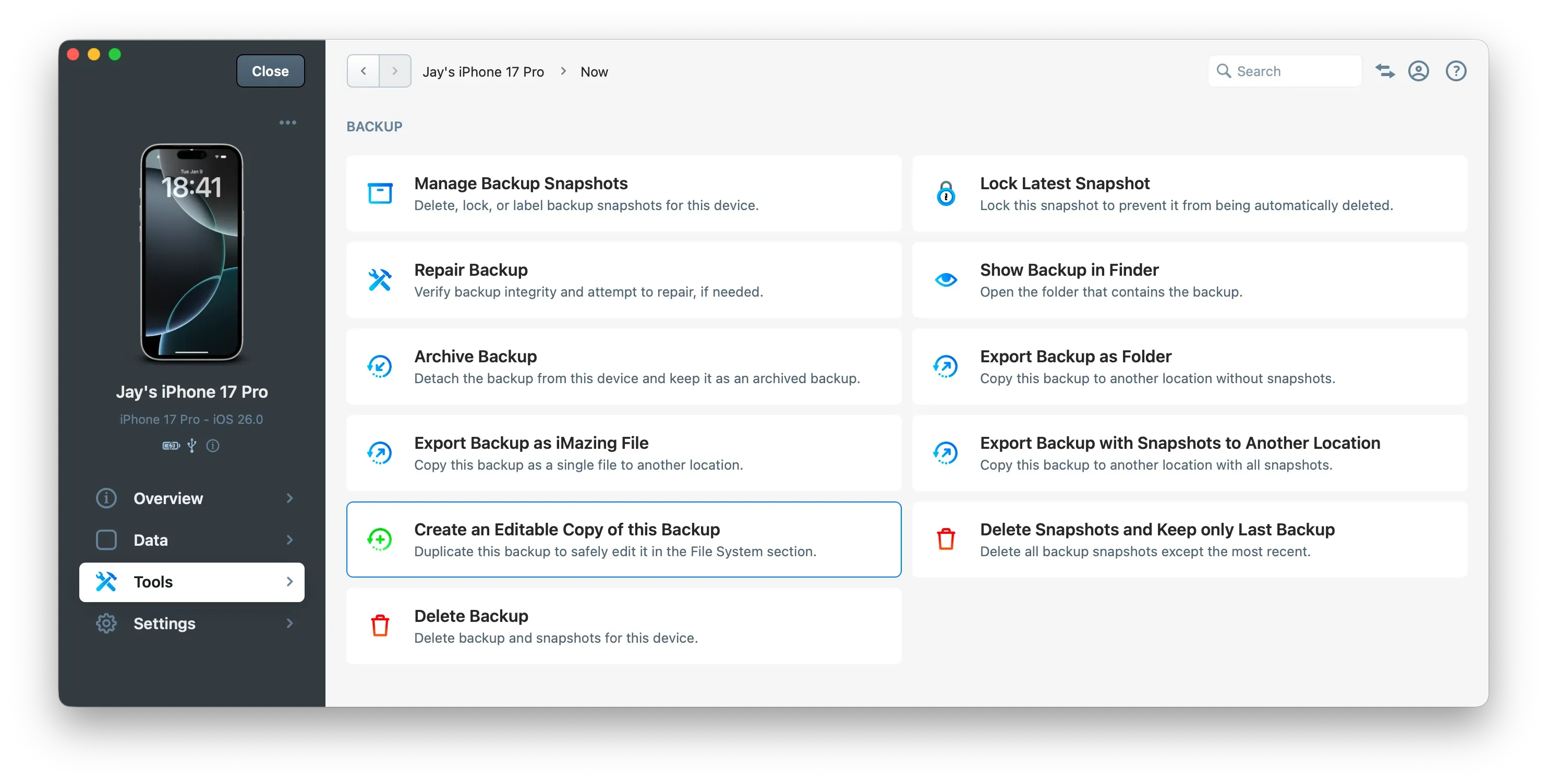 iMazing - Create an Editable Backup Copy Action
