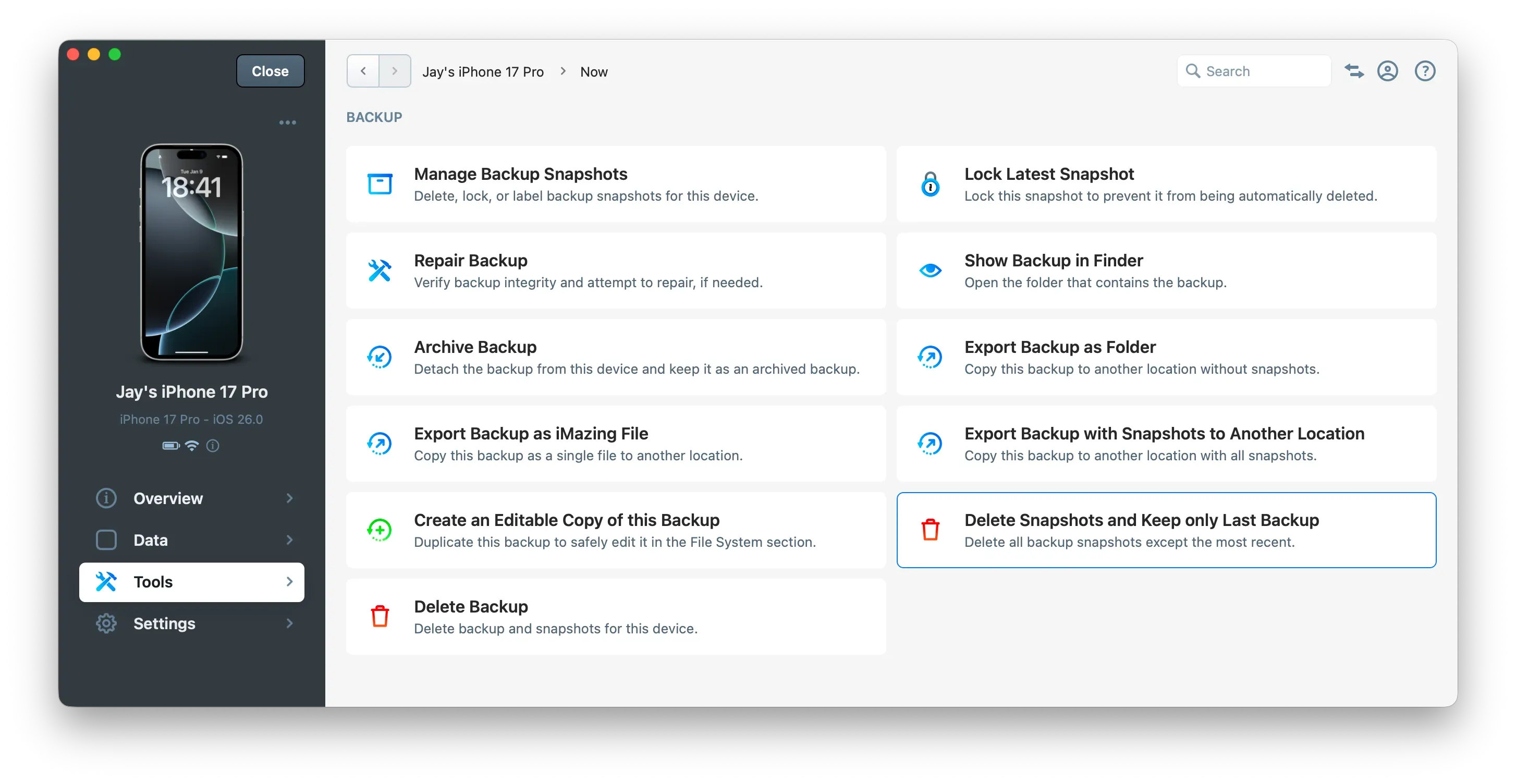 iMazing - Delete Snapshots and Keep only Last Backup Action