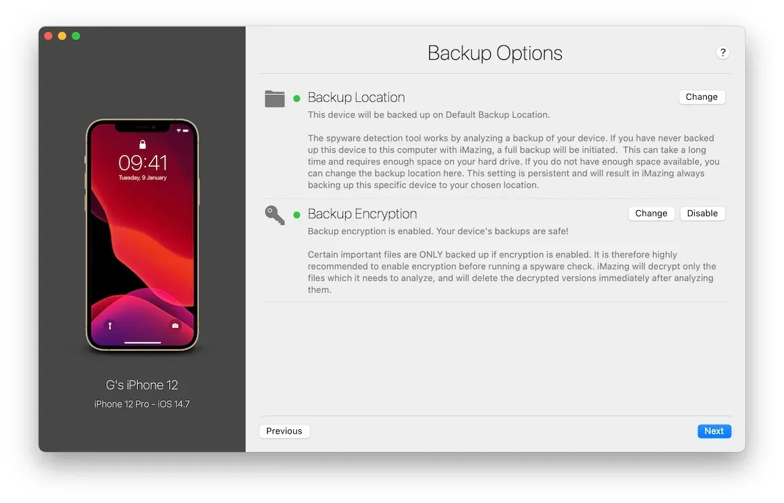 iMazing Spyware Analyzer, Backup Options Step