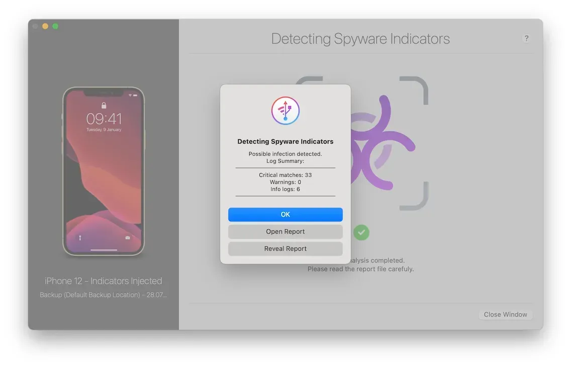 iMazing Spyware Analyzer, positive scan dialog