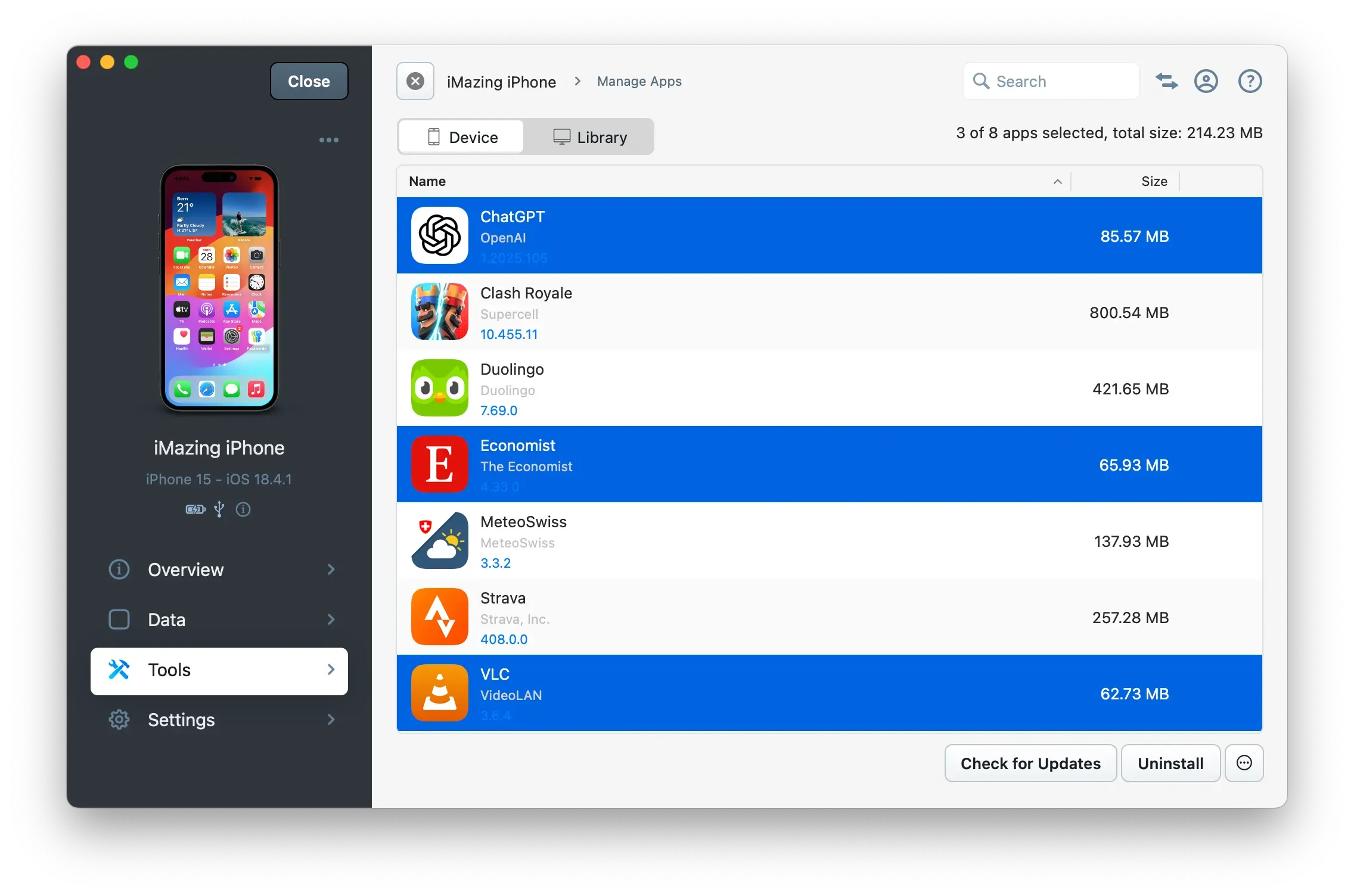 iMazing Manage Apps Uninstall from Device